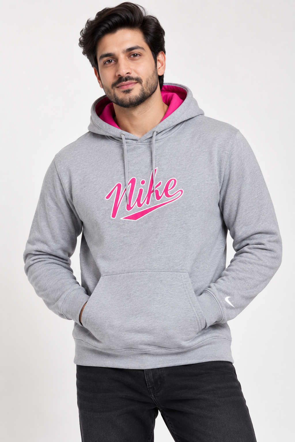 NIKE men’s grey and pink pullover hoodie in UK Size XL. A stylish 4-star condition branded sweatshirt ideal for casual, sports and everyday wear.