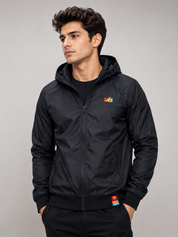  Nike Men's Black Hooded Windbreaker Jacket featuring a lightweight wind-resistant design, hood, full zip closure, zip pockets, and premium comfort. Perfect for casual wear, sports, travel, and everyday style.