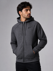  Nike men's charcoal grey full-zip hoodie in UK Size L. Stylish hooded sweatshirt with zip fastening, kangaroo pockets and classic Nike branding.