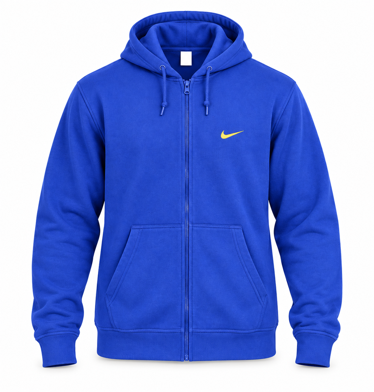  Nike royal blue full zip hoodie in UK size XL. Comfortable hood, kangaroo pockets and yellow Swoosh logo—perfect for casual everyday wear.