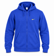  Nike royal blue full zip hoodie in UK size XL. Comfortable hood, kangaroo pockets and yellow Swoosh logo—perfect for casual everyday wear.