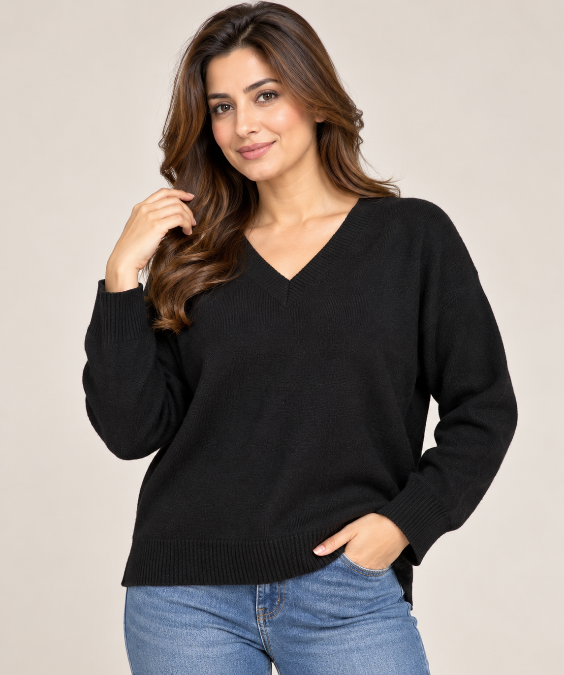  Nobody’s Child women’s black V-neck knit jumper in UK Size M. A comfortable long-sleeve knitted essential, perfect for everyday wear and layering.