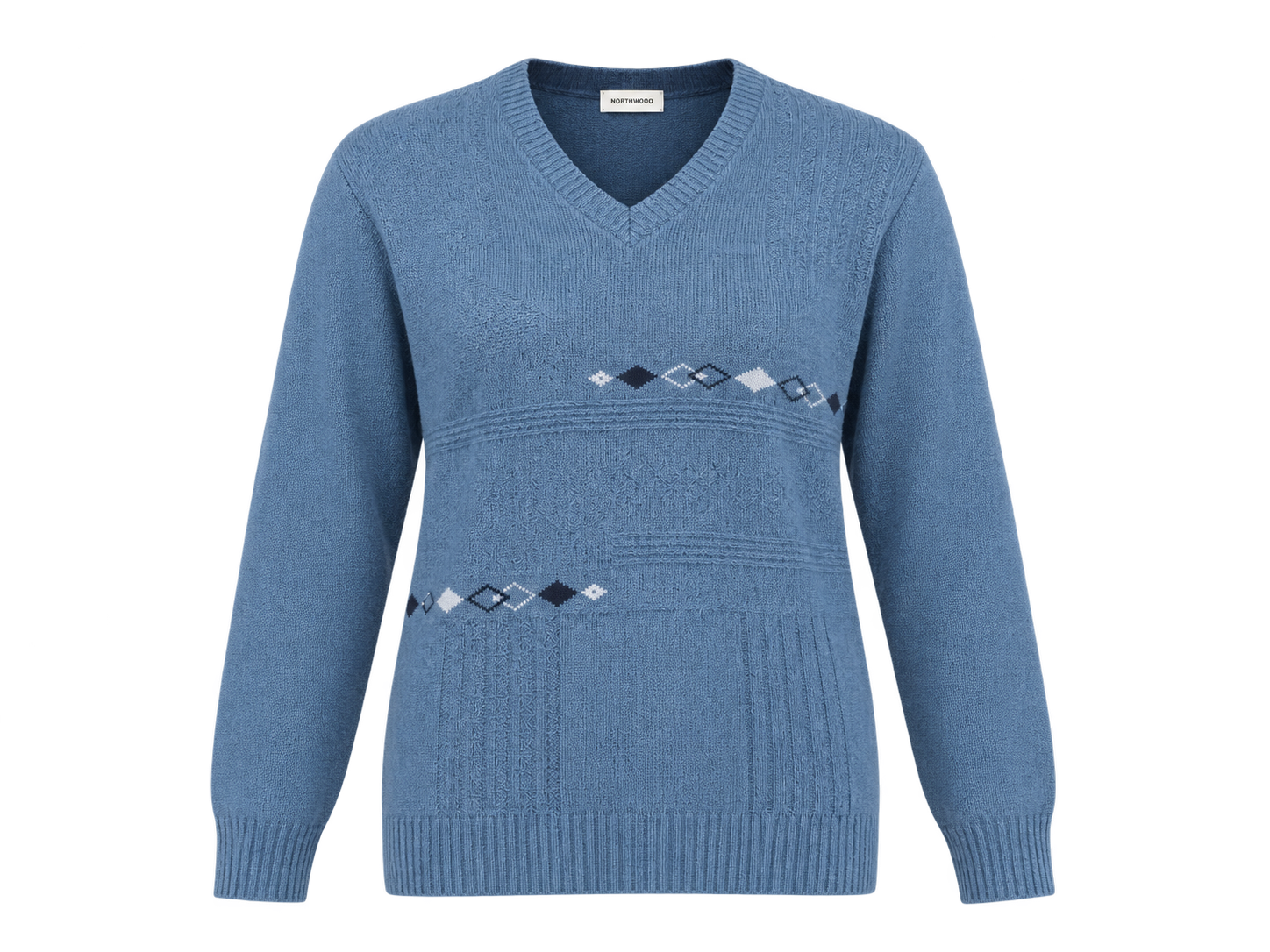  NORTHWOOD women’s blue V-neck knit jumper in UK Size M. Features diamond detailing, long sleeves and a classic design for stylish everyday wear.
