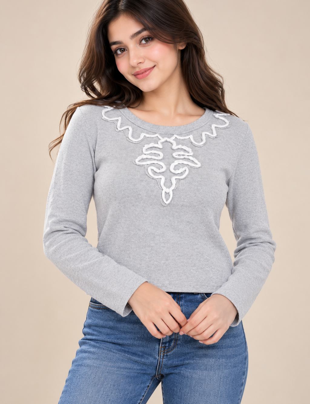 Nougat London Women’s Grey Embroidered Knit Top in UK Size M. Stylish long-sleeve knitwear with elegant white neckline detailing, ideal for everyday and casual wear.