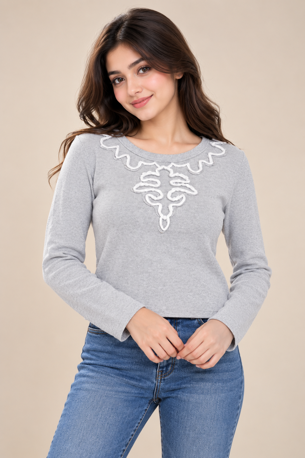 Nougat London Women’s Grey Embroidered Knit Top in UK Size M. Stylish long-sleeve knitwear with elegant white neckline detailing, ideal for everyday and casual wear.