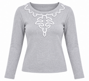 Nougat London Women’s Grey Embroidered Knit Top in UK Size M. Stylish long-sleeve knitwear with elegant white neckline detailing, ideal for everyday and casual wear.