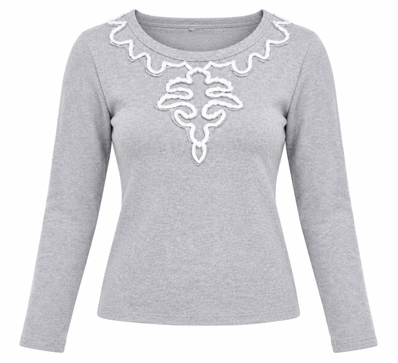Nougat London Women’s Grey Embroidered Knit Top in UK Size M. Stylish long-sleeve knitwear with elegant white neckline detailing, ideal for everyday and casual wear.