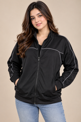 NOVA SPORT Women Black Full-Zip Track Jacket with White Piping