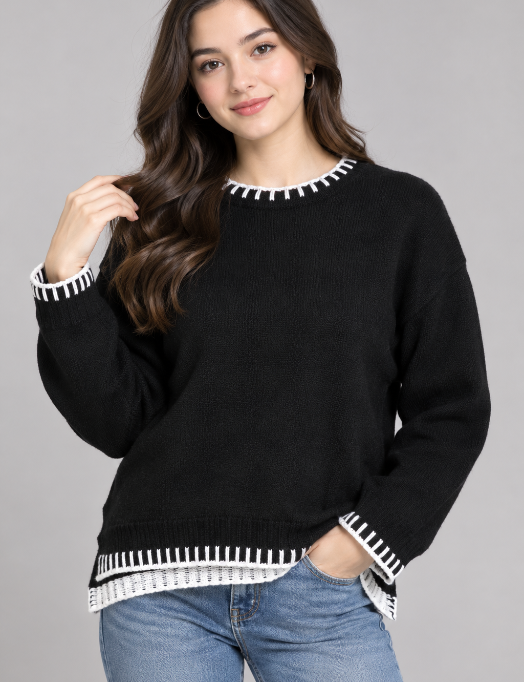  NOW COLLECTION women’s black knit jumper in UK Size M, featuring stylish white contrast trim, long sleeves and a classic crew-neck design.