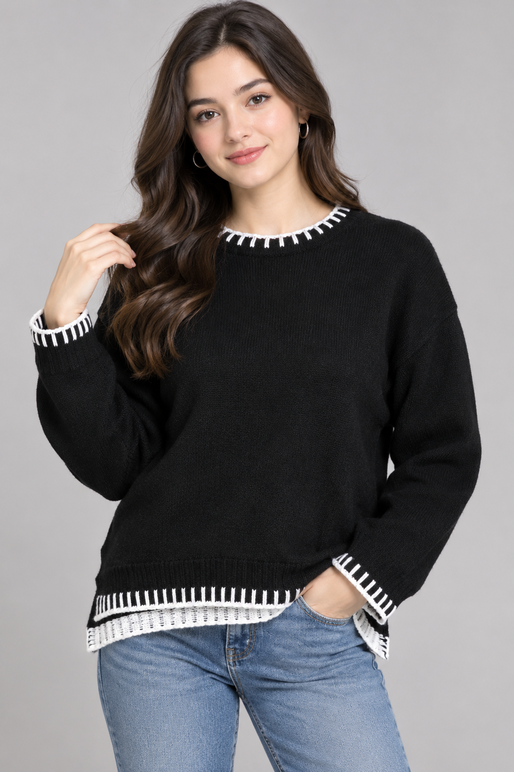  NOW COLLECTION women’s black knit jumper in UK Size M, featuring stylish white contrast trim, long sleeves and a classic crew-neck design.