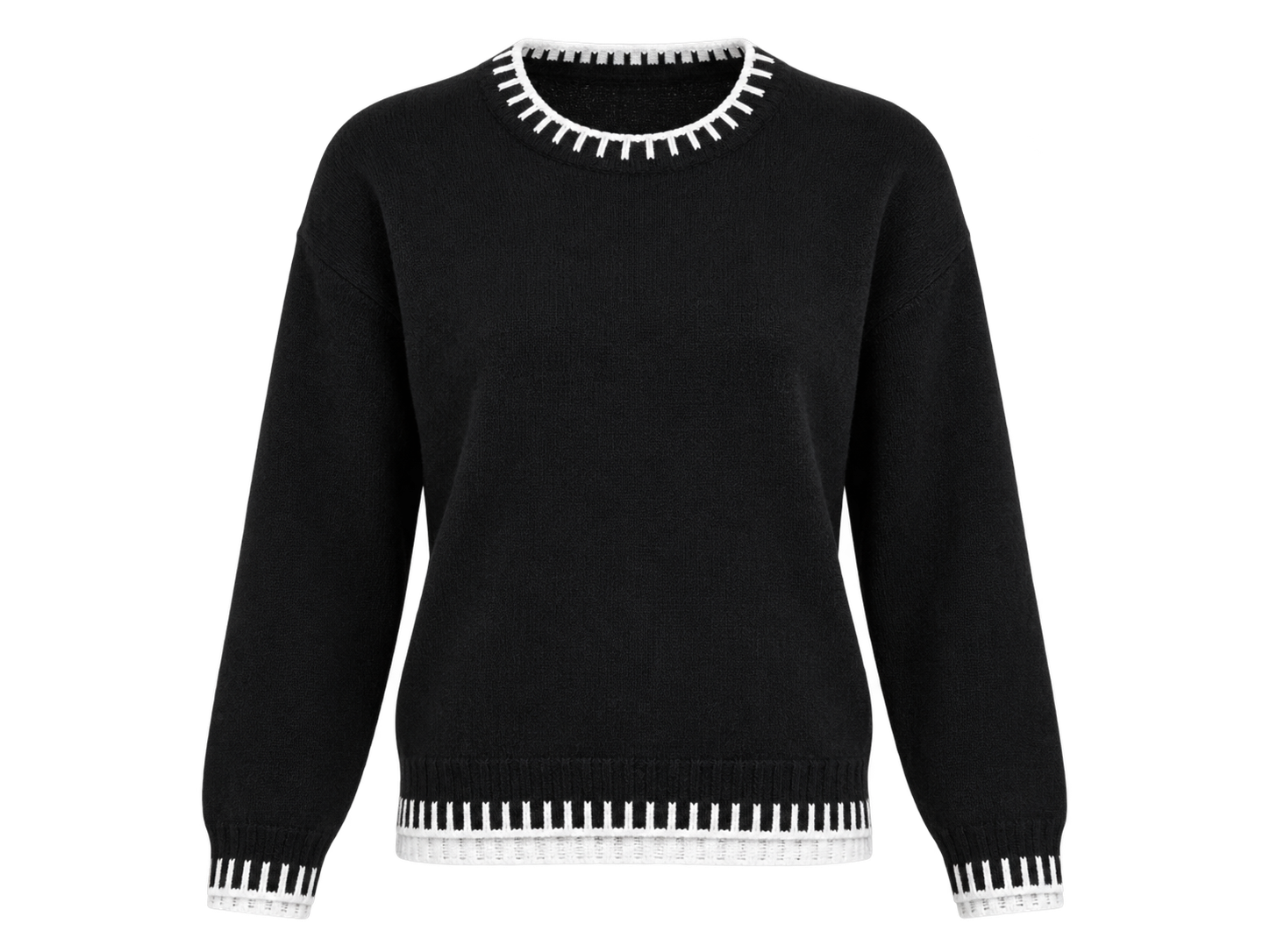  NOW COLLECTION women’s black knit jumper in UK Size M, featuring stylish white contrast trim, long sleeves and a classic crew-neck design.