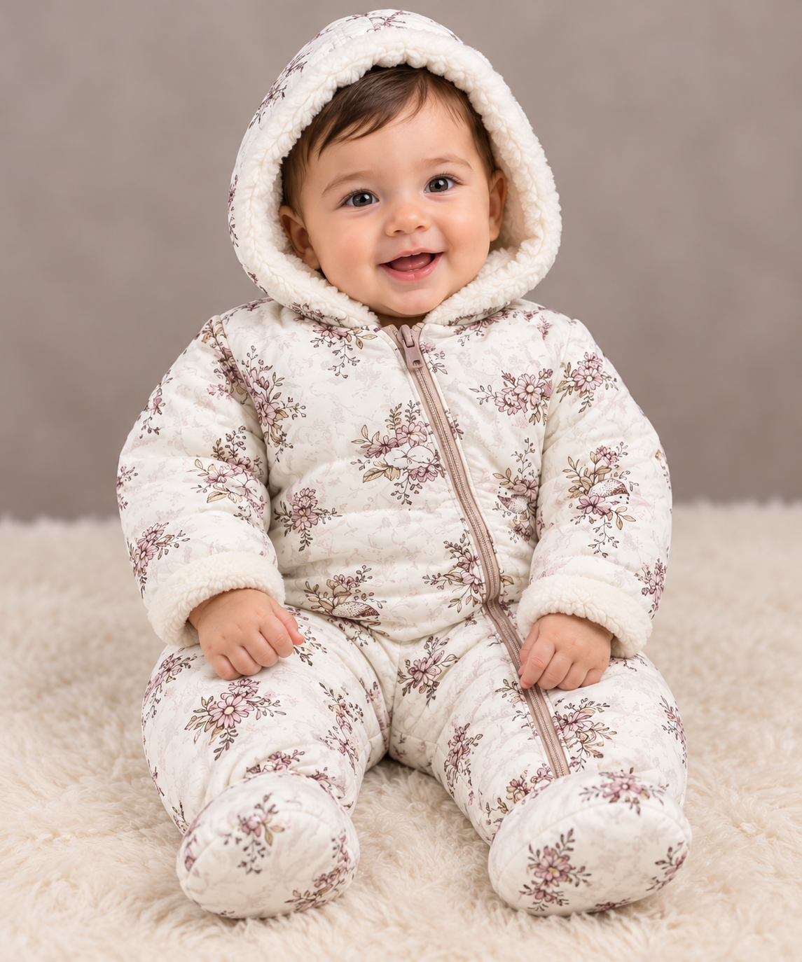 Nutmeg Baby Boys Floral Quilted Snowsuit in cream, featuring a cosy sherpa-lined hood, padded design and built-in footies. Perfect winter baby outerwear.