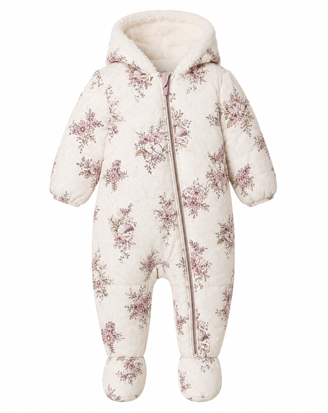 Nutmeg Baby Boys Floral Quilted Snowsuit in cream, featuring a cosy sherpa-lined hood, padded design and built-in footies. Perfect winter baby outerwear.