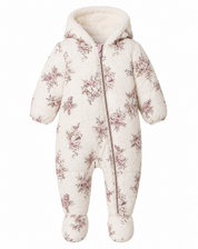 Nutmeg Baby Boys Floral Quilted Snowsuit in cream, featuring a cosy sherpa-lined hood, padded design and built-in footies. Perfect winter baby outerwear.