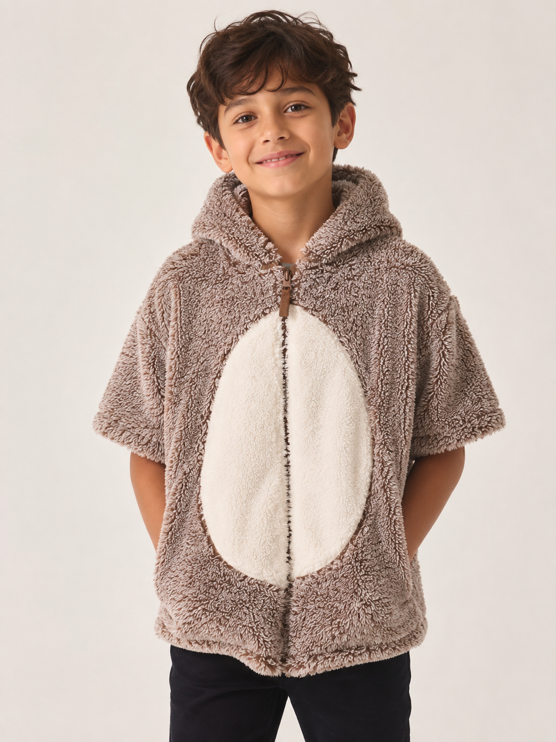 Nutmeg boys brown teddy sherpa hooded jacket, UK 9-10 years. Soft plush design with short sleeves, zip fastening and cream contrast panel.