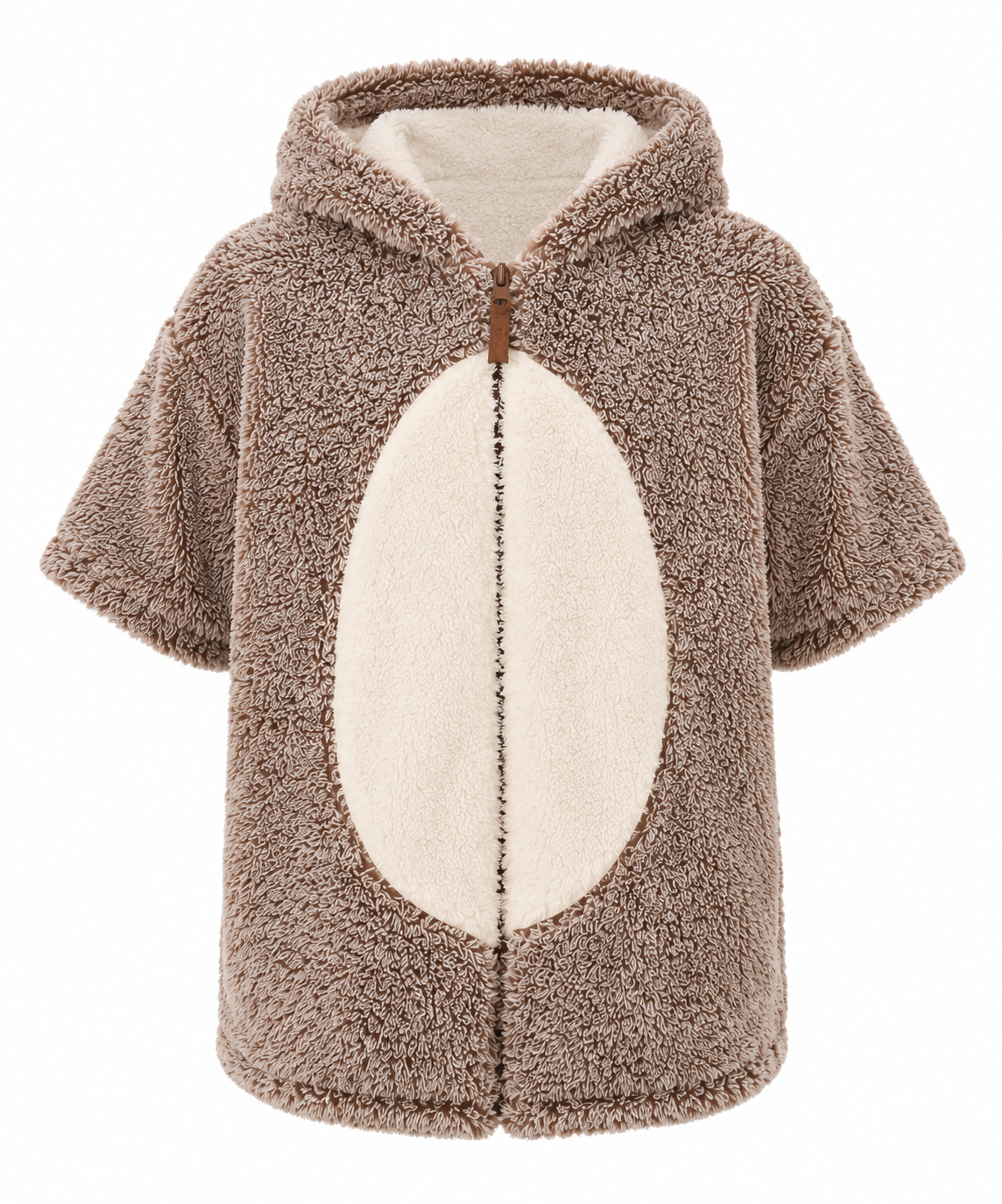 Nutmeg boys brown teddy sherpa hooded jacket, UK 9-10 years. Soft plush design with short sleeves, zip fastening and cream contrast panel.