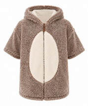 Nutmeg boys brown teddy sherpa hooded jacket, UK 9-10 years. Soft plush design with short sleeves, zip fastening and cream contrast panel.