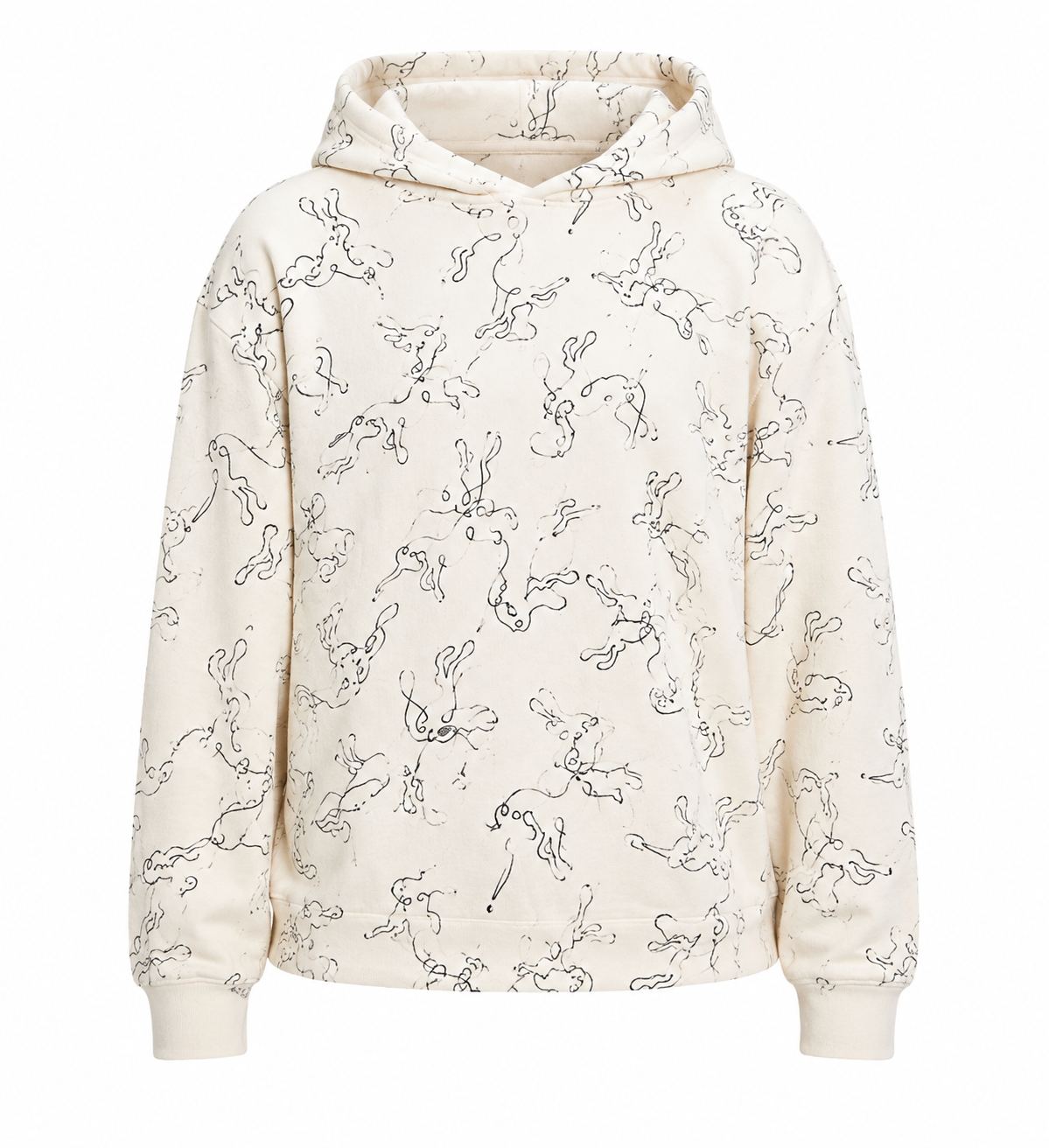   Nutmeg Boys Printed Hoodie in UK Size 12–13 Years. Cream hoodie with playful all-over doodle print, comfortable fit and casual everyday style.