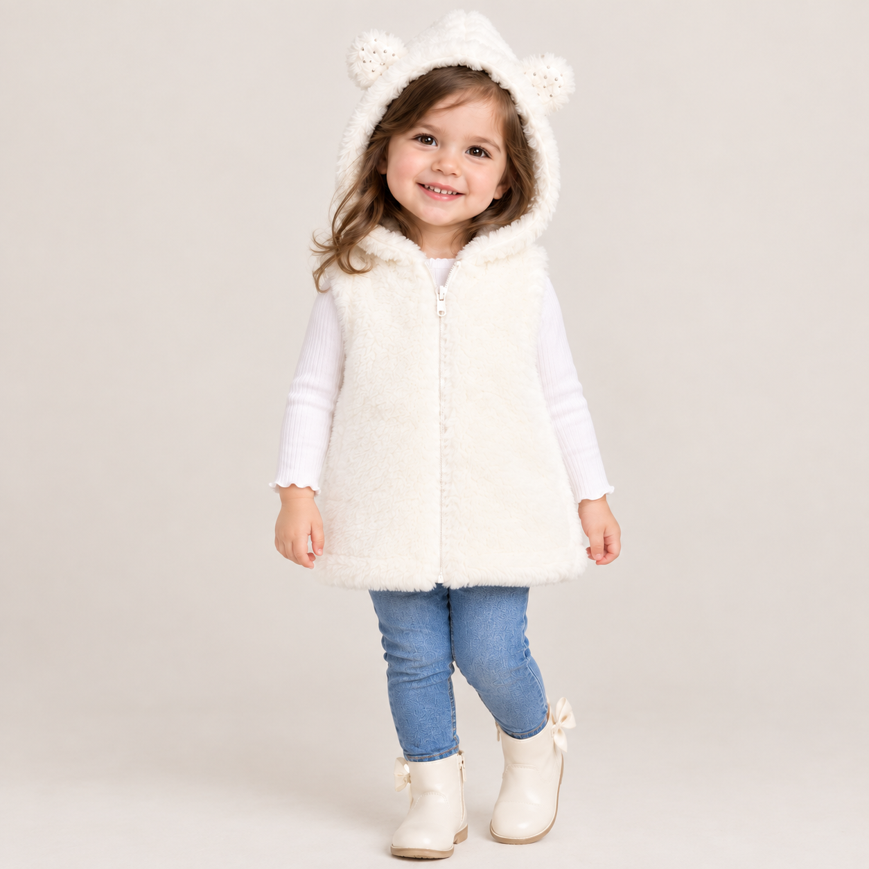 NUTMEG girls’ cream faux fur hooded gilet, UK size 4–5 years. Cute bear-ear hood, soft cozy fabric and full zip design, perfect for layering.