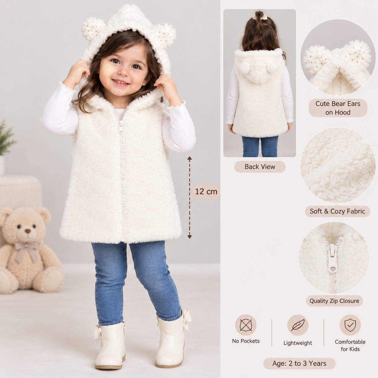 NUTMEG girls’ cream faux fur hooded gilet, UK size 4–5 years. Cute bear-ear hood, soft cozy fabric and full zip design, perfect for layering.