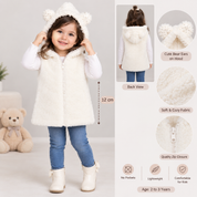 NUTMEG girls’ cream faux fur hooded gilet, UK size 4–5 years. Cute bear-ear hood, soft cozy fabric and full zip design, perfect for layering.
