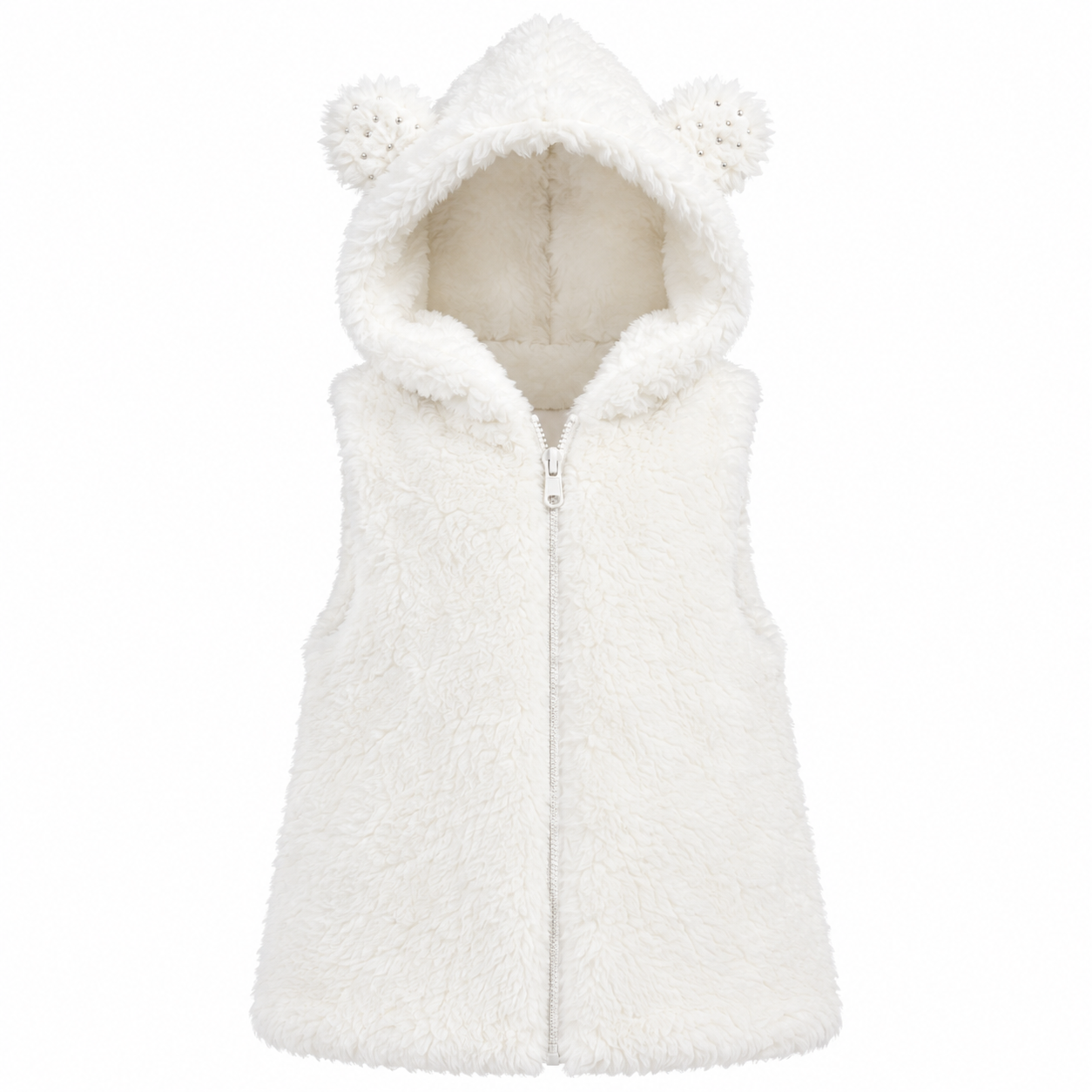 NUTMEG girls’ cream faux fur hooded gilet, UK size 4–5 years. Cute bear-ear hood, soft cozy fabric and full zip design, perfect for layering.