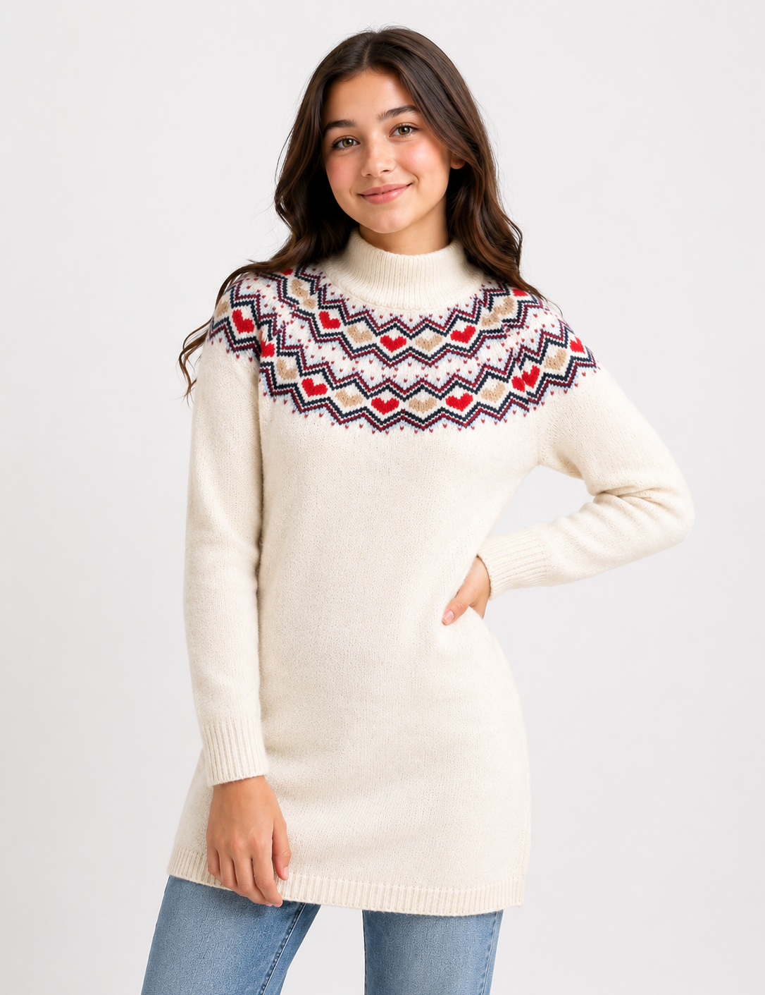  Nutmeg girls' cream knitted turtleneck sweater dress in UK size 12-13 years. Featuring a colourful Fair Isle pattern, long sleeves and cosy long-length design.