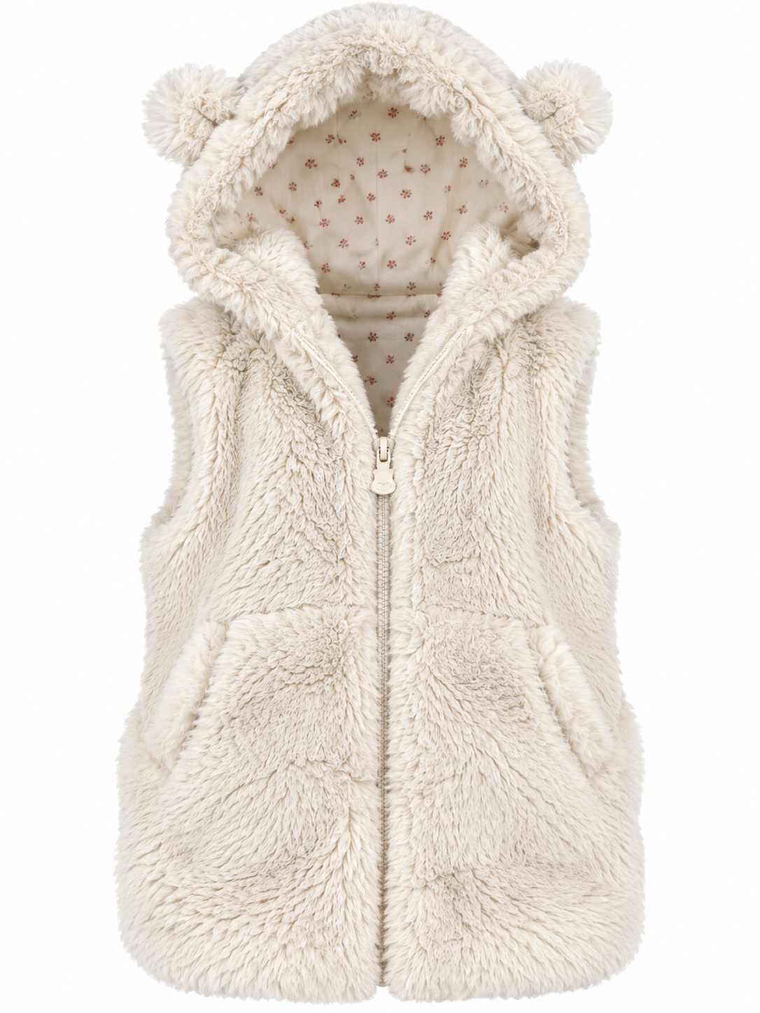  Nutmeg Girls Cream Faux Fur Hooded Gilet in UK size 2-3 years. Cute bear-ear hood, soft fluffy texture and zip fastening. Perfect for winter layering.