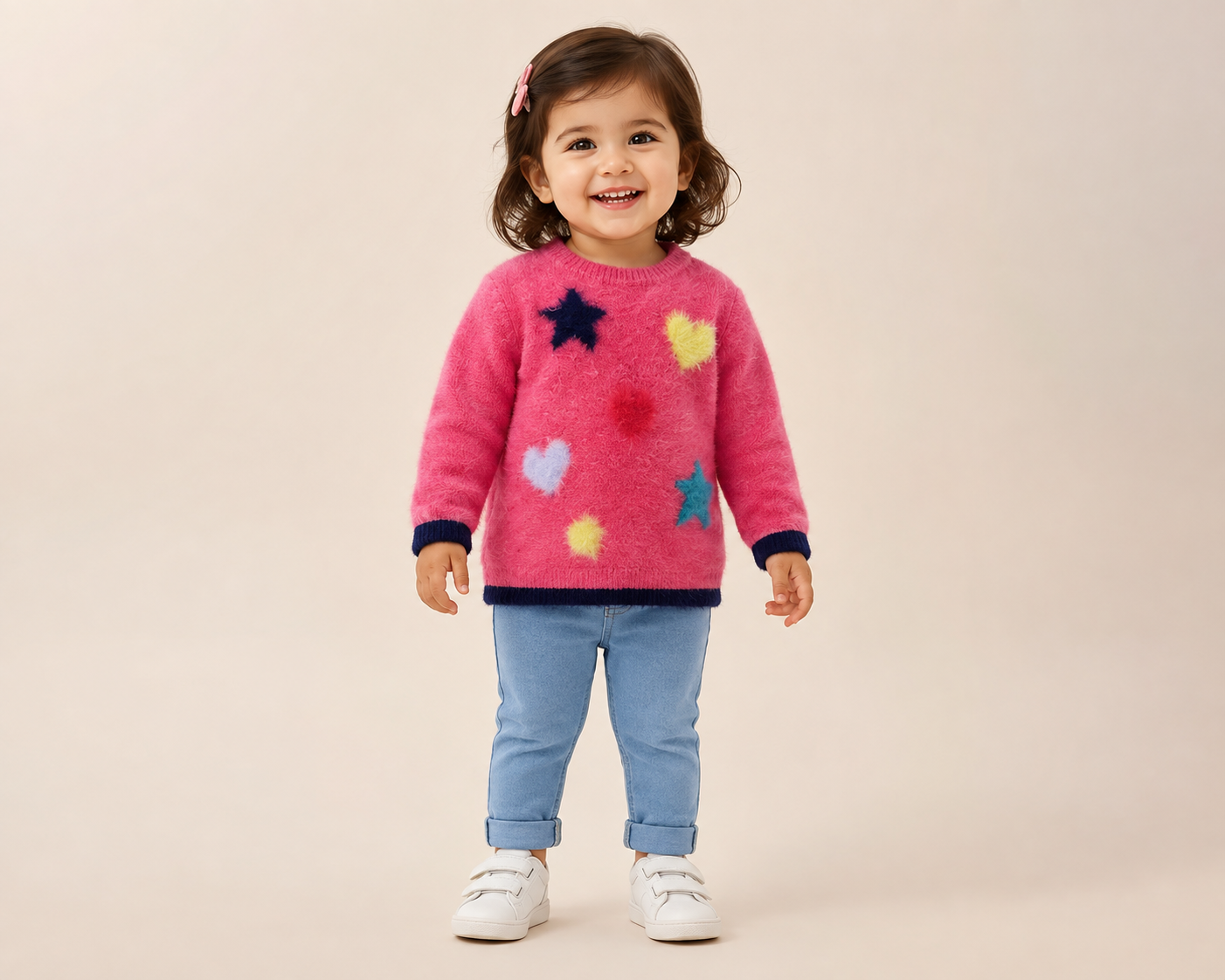  Nutmeg girls’ pink fuzzy knit jumper, UK 2-3 years, featuring colourful star and heart motifs. Cute, cosy and perfect for everyday wear.