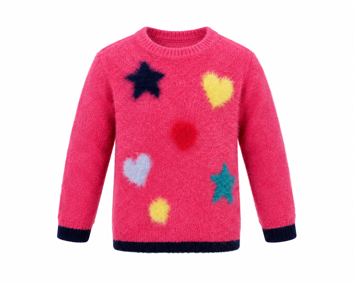  Nutmeg girls’ pink fuzzy knit jumper, UK 2-3 years, featuring colourful star and heart motifs. Cute, cosy and perfect for everyday wear.