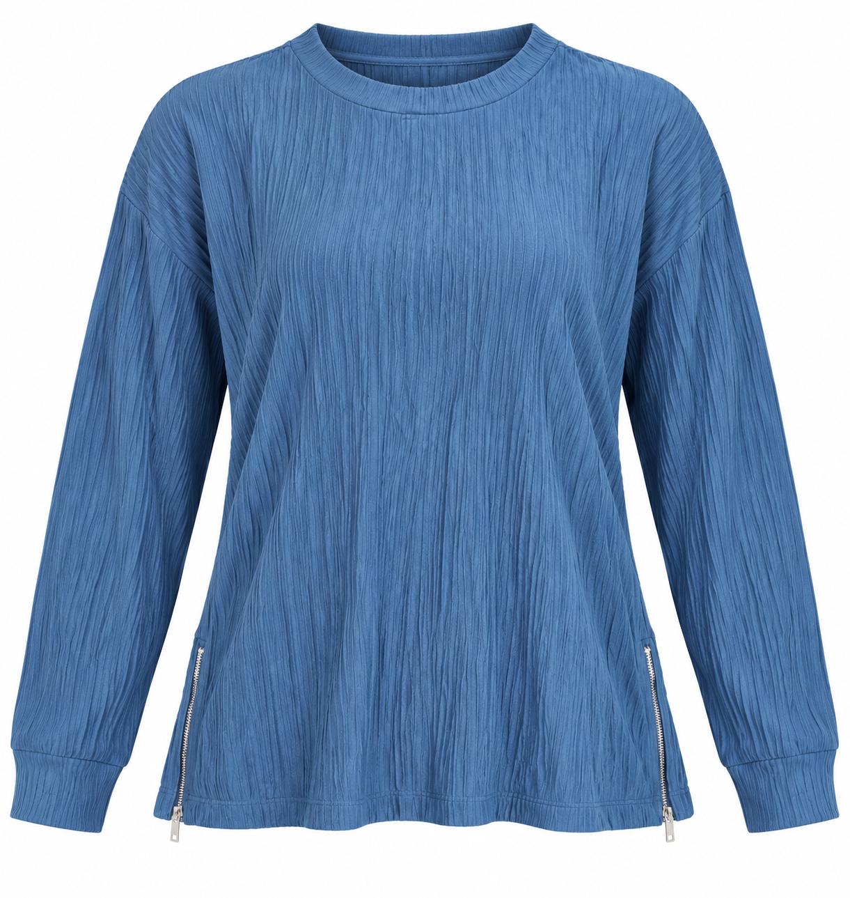  Nutmeg women’s blue textured long sleeve top in UK Size 16. Features a relaxed fit, crew neck and stylish side zip details.