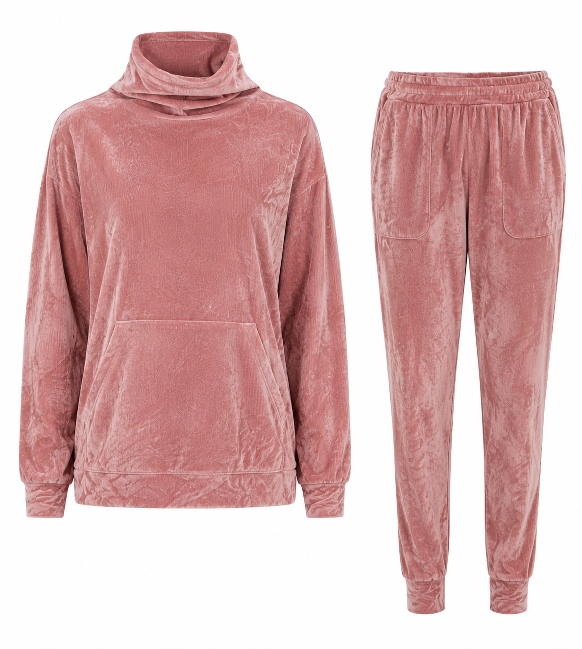 Nutmeg Women’s dusty rose velour tracksuit set in UK Size 20/22. Soft two-piece lounge set with cowl neck top, pockets and tapered joggers.