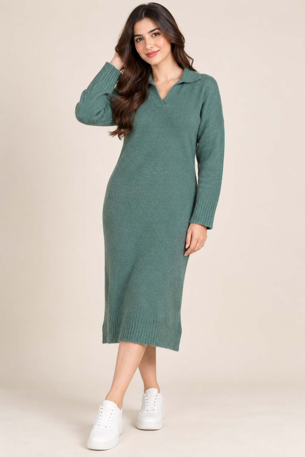NUTMEG Women’s Green Knitted Midi Dress in UK Size M. Stylish collared V-neck, long sleeves and cosy ribbed knit design for autumn and winter.