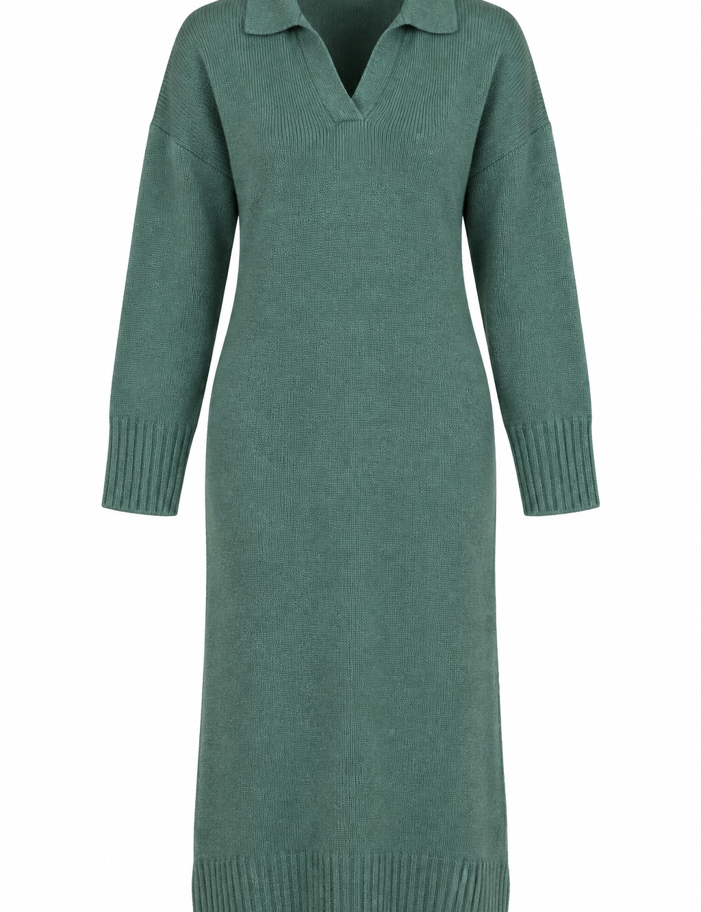 NUTMEG Women’s Green Knitted Midi Dress in UK Size M. Stylish collared V-neck, long sleeves and cosy ribbed knit design for autumn and winter.