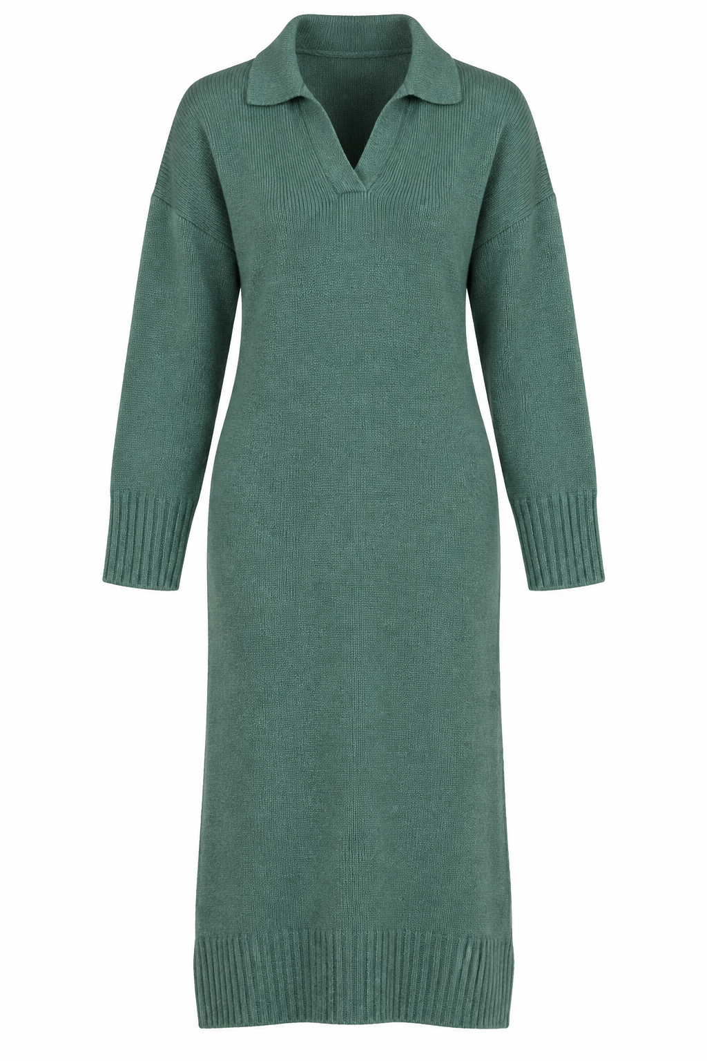 NUTMEG Women’s Green Knitted Midi Dress in UK Size M. Stylish collared V-neck, long sleeves and cosy ribbed knit design for autumn and winter.