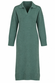 NUTMEG Women’s Green Knitted Midi Dress in UK Size M. Stylish collared V-neck, long sleeves and cosy ribbed knit design for autumn and winter.