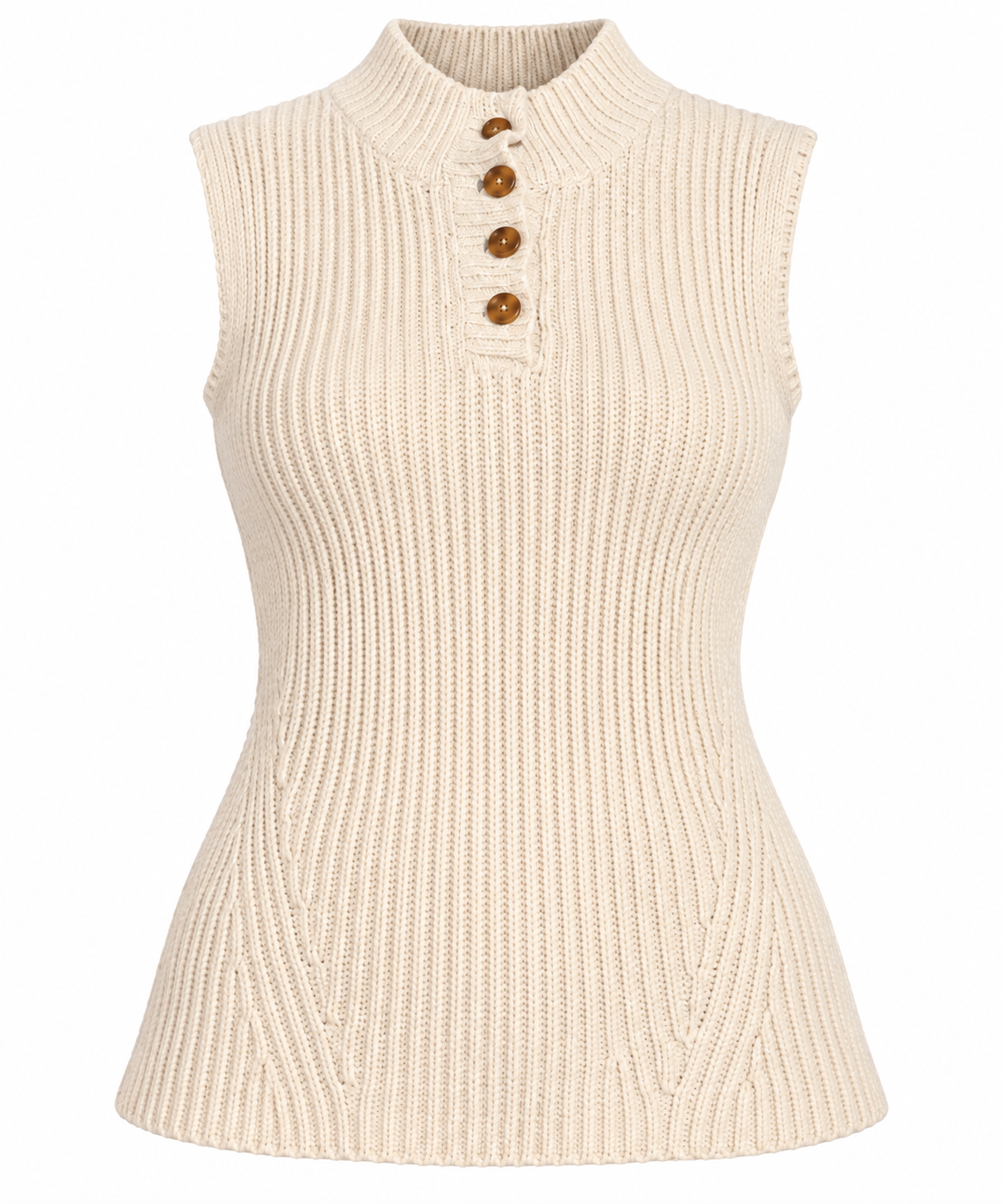 this NUTMEG women’s light cream sleeveless ribbed knit top in UK Size L, featuring a high neckline, button detailing and a comfortable relaxed fit.
