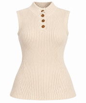 this NUTMEG women’s light cream sleeveless ribbed knit top in UK Size L, featuring a high neckline, button detailing and a comfortable relaxed fit.
