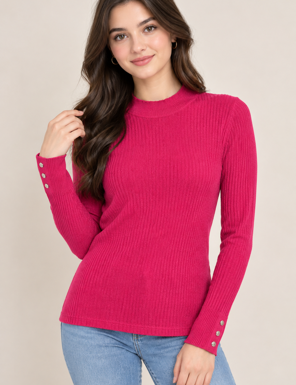 Nutmeg women’s pink ribbed long-sleeve top in UK size M. Stylish button cuff detail, versatile design and perfect for casual or smart-casual outfits.