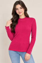 Nutmeg women’s pink ribbed long-sleeve top in UK size M. Stylish button cuff detail, versatile design and perfect for casual or smart-casual outfits.
