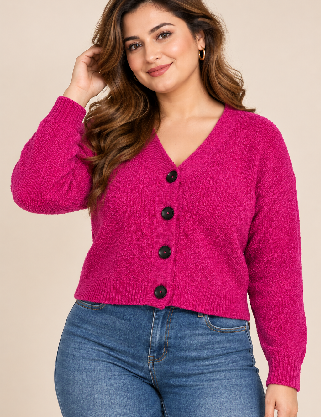  Nutmeg women’s pink knitted cardigan in UK Size 16. Stylish V-neck, button-front design with long sleeves and a short length. Perfect for everyday layering.