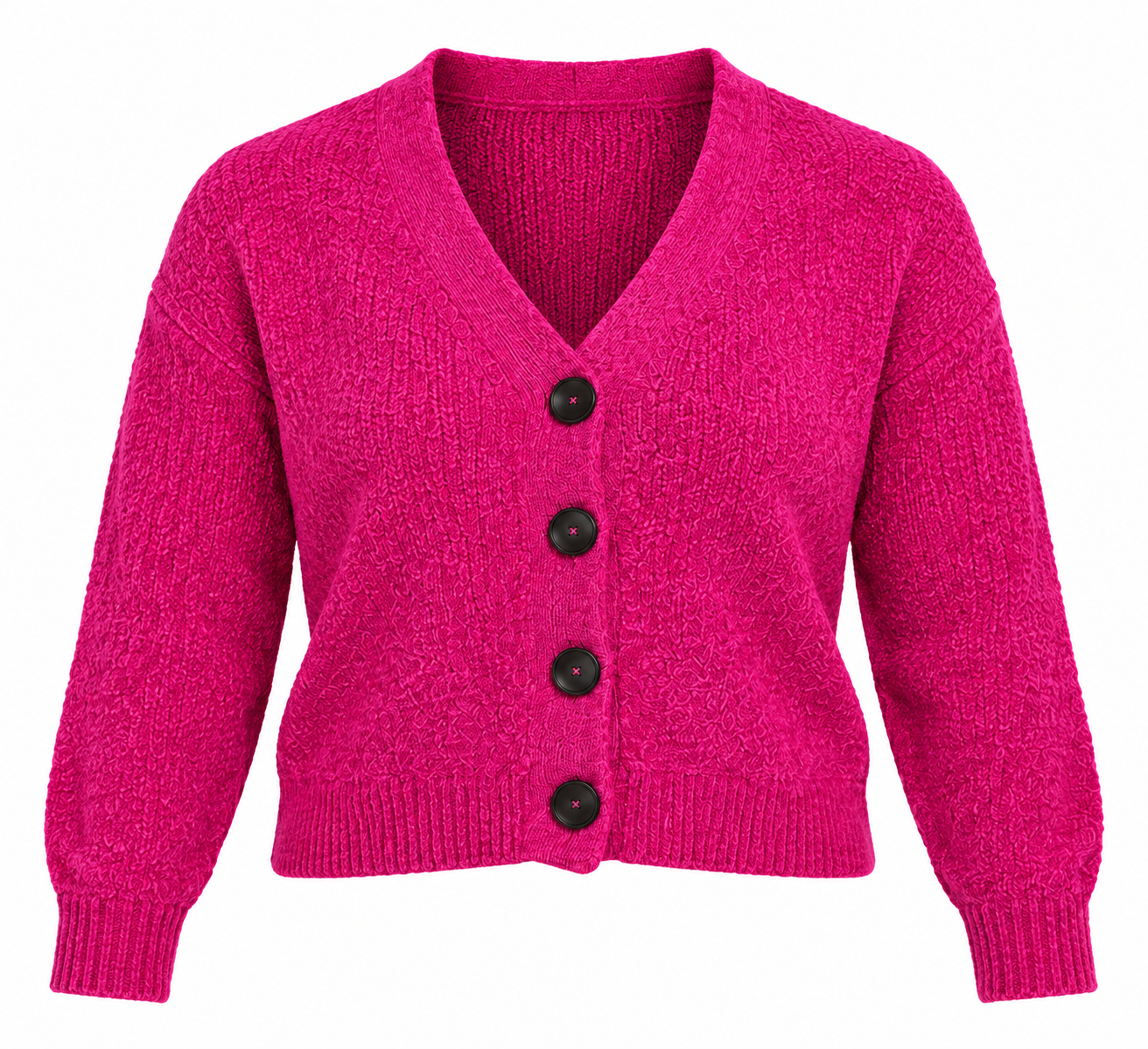  Nutmeg women’s pink knitted cardigan in UK Size 16. Stylish V-neck, button-front design with long sleeves and a short length. Perfect for everyday layering.