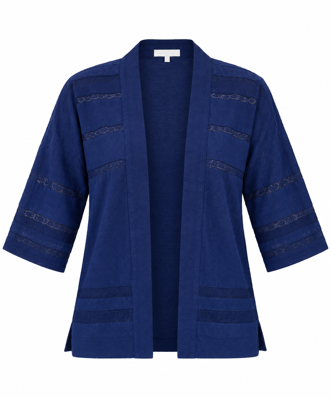  this Nutmeg navy blue open-front cardigan in UK size 12, featuring textured detailing, 3/4 sleeves and a versatile design perfect for stylish everyday layering.