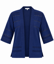  this Nutmeg navy blue open-front cardigan in UK size 12, featuring textured detailing, 3/4 sleeves and a versatile design perfect for stylish everyday layering.