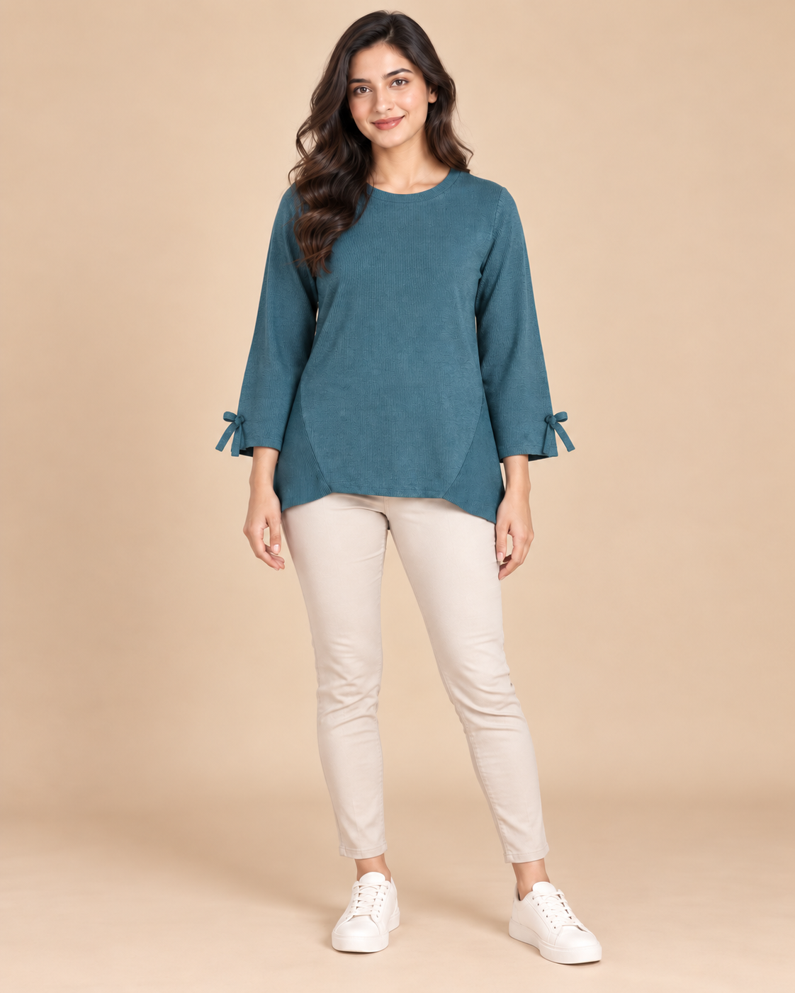  the NUTMEG women’s teal ribbed tie sleeve tunic top in UK XL. Comfortable relaxed fit with curved hem and stylish cuff ties.