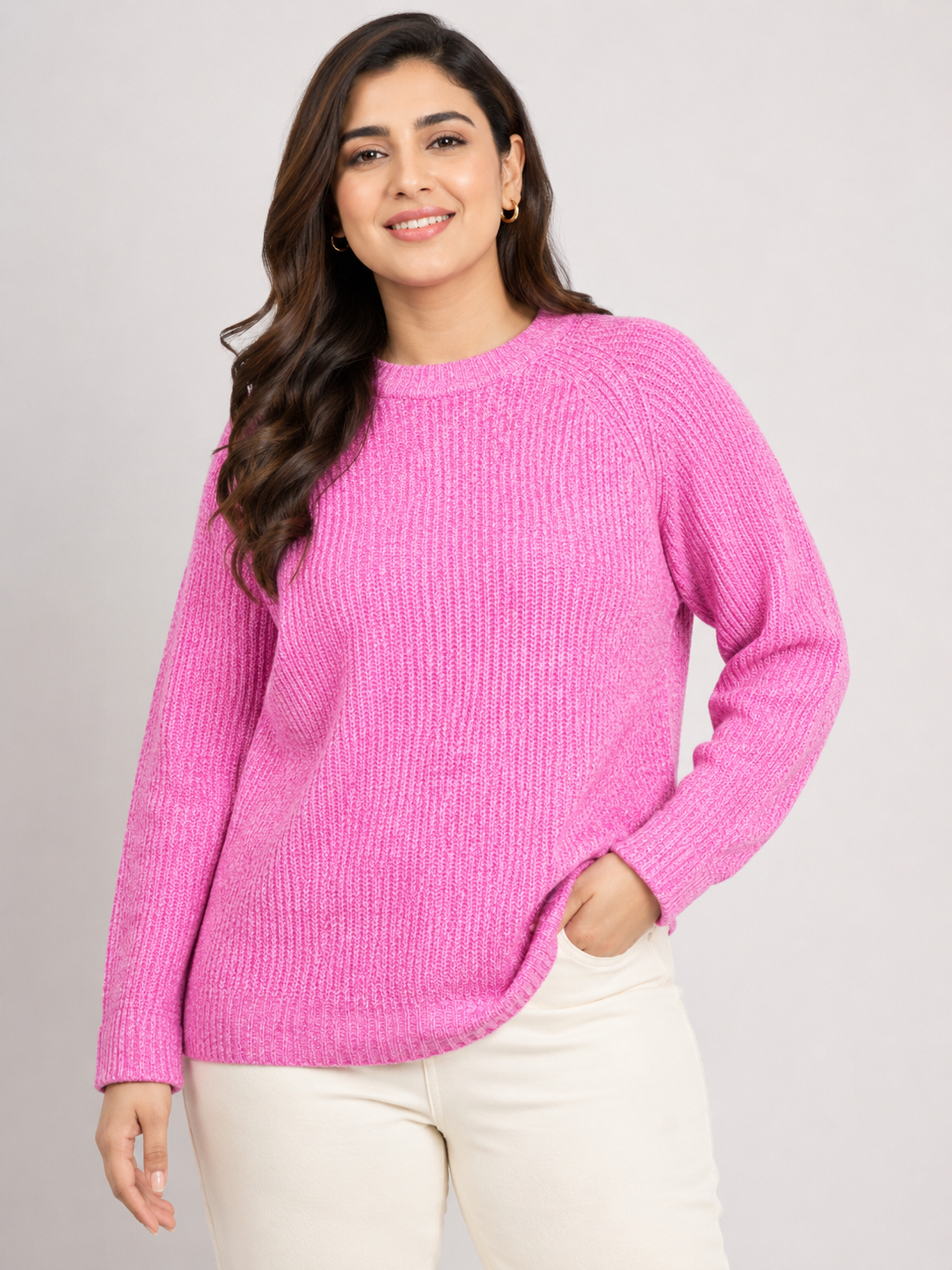  Nutmeg women's pink ribbed knit jumper, UK size 18. Stylish long-sleeve crew neck sweater with a comfortable relaxed fit, perfect for everyday wear.