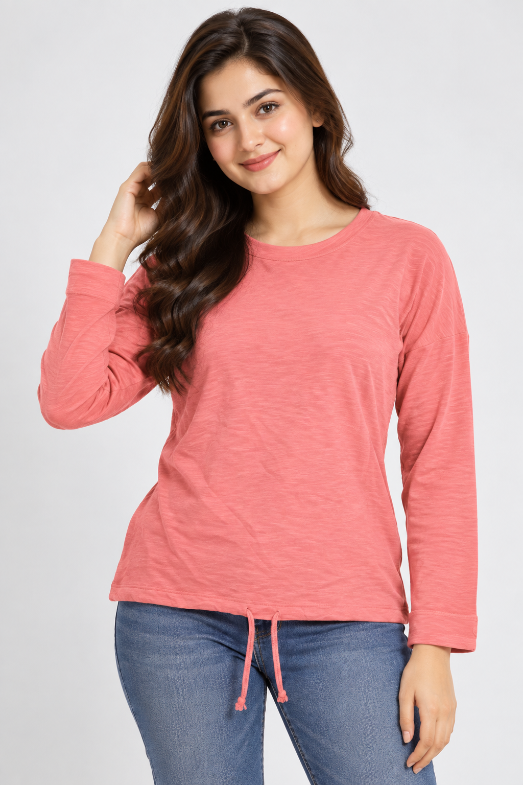 NX SPORT women’s coral pink long sleeve drawstring top in UK Size M. A comfortable, relaxed-fit casual top perfect for everyday styling.