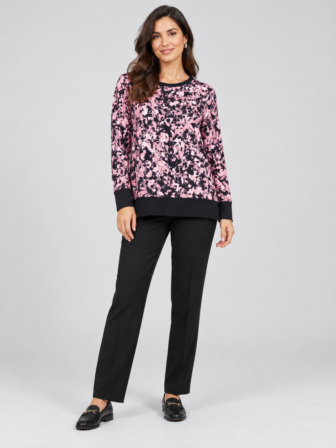   NX Sport women’s pink abstract print top in UK L, featuring long sleeves, a round neck, contrast cuffs and a plain rounded hem.