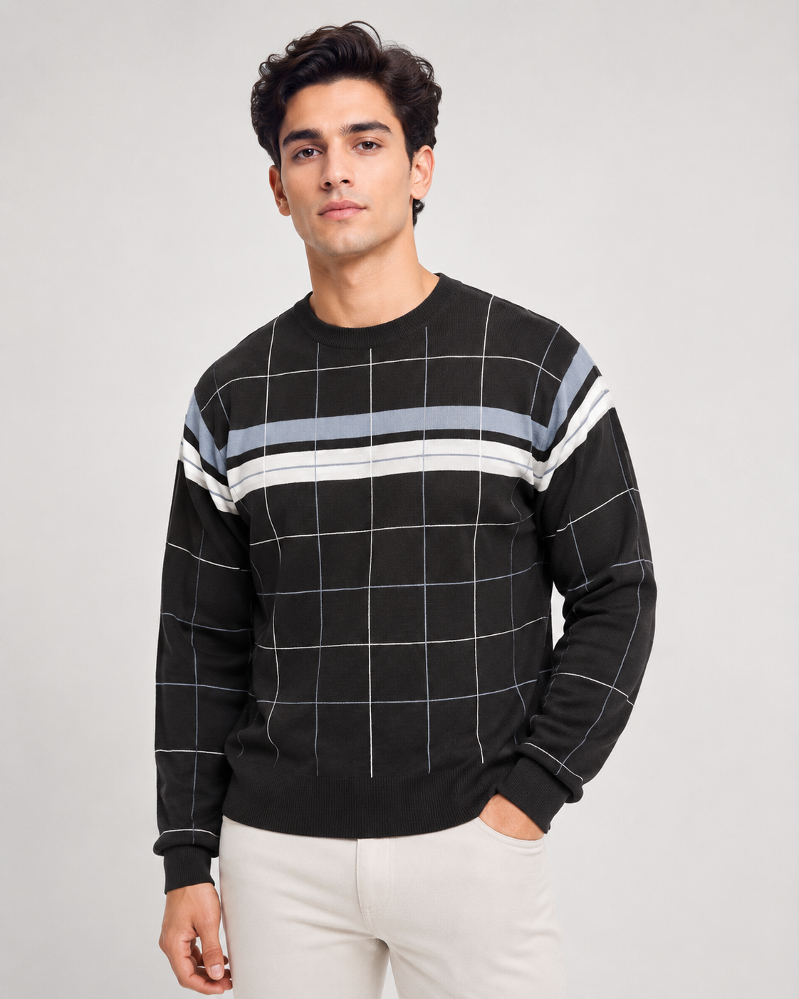  O Club men’s black check pattern jumper in UK size L, featuring stylish grey and white stripe detailing, long sleeves and a classic crew neck.