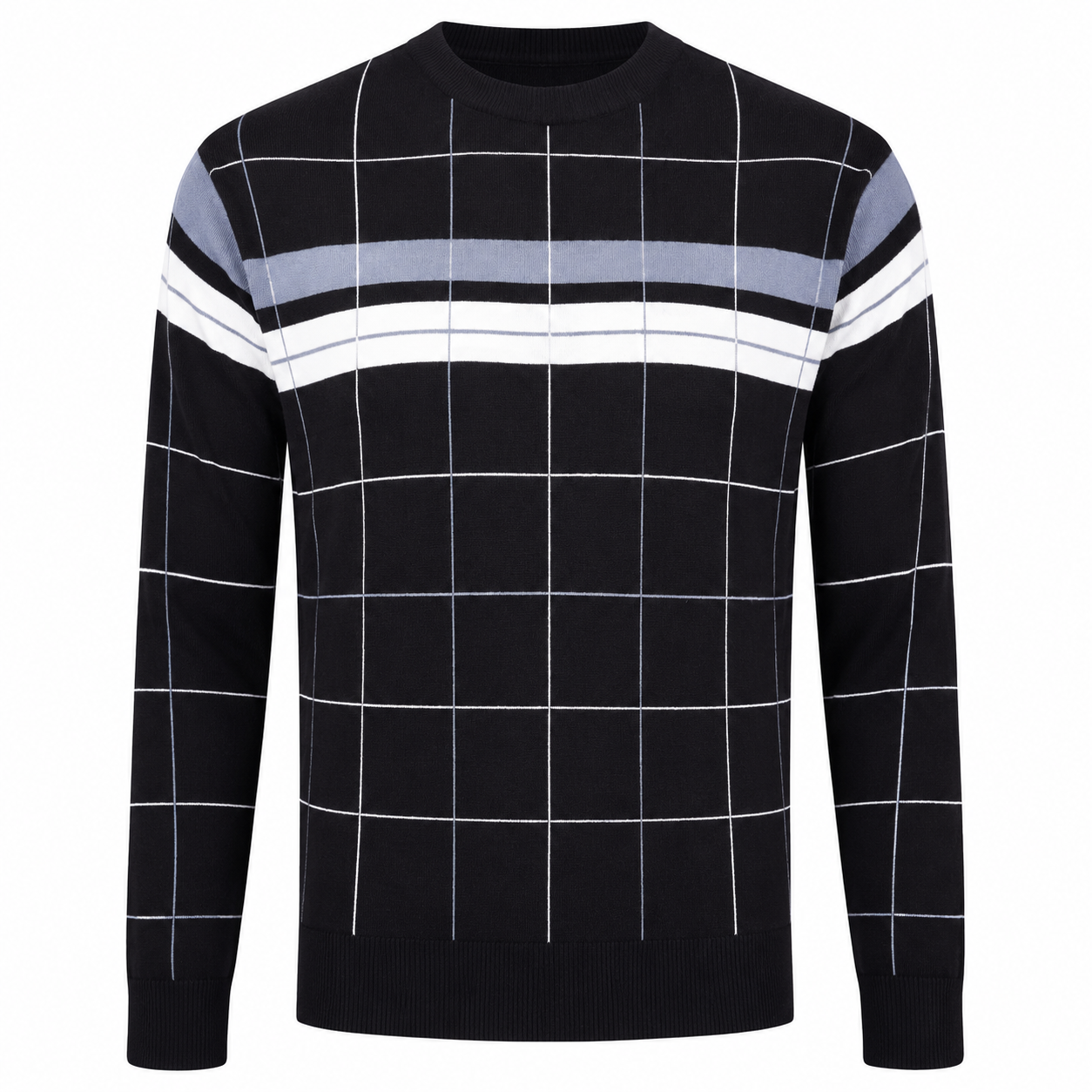  O Club men’s black check pattern jumper in UK size L, featuring stylish grey and white stripe detailing, long sleeves and a classic crew neck.